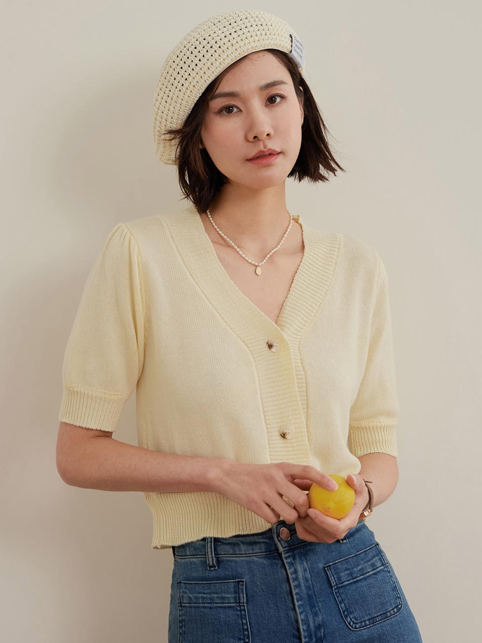 LANGSON Yellow Knit Crop Cardigan