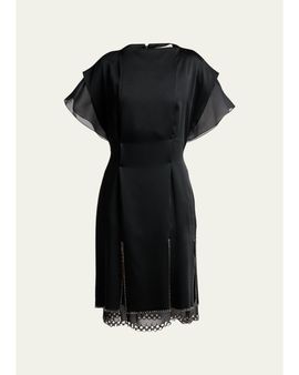 Lanvin Cap-Sleeve Studded Satin Paneled Midi Dress