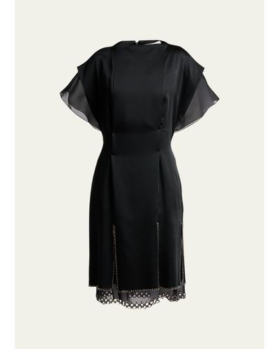 Lanvin Cap-Sleeve Studded Satin Paneled Midi Dress