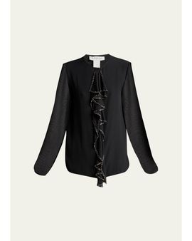 Lanvin Embroidered Ruffle Silk Georgette Long-Sleeve Blouse