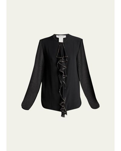Lanvin Embroidered Ruffle Silk Georgette Long-Sleeve Blouse