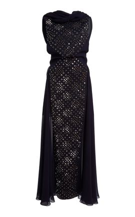 Lanvin Lanvin Silk Embroidered Draped Panel Dress