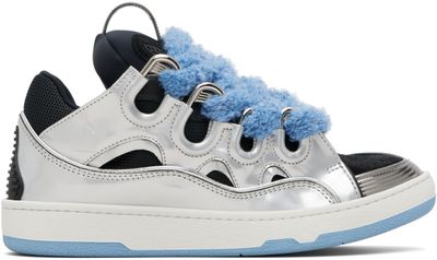 Lanvin Lanvin Silver & Blue Curb Metallic Leather With Mesh Laces Sneakers