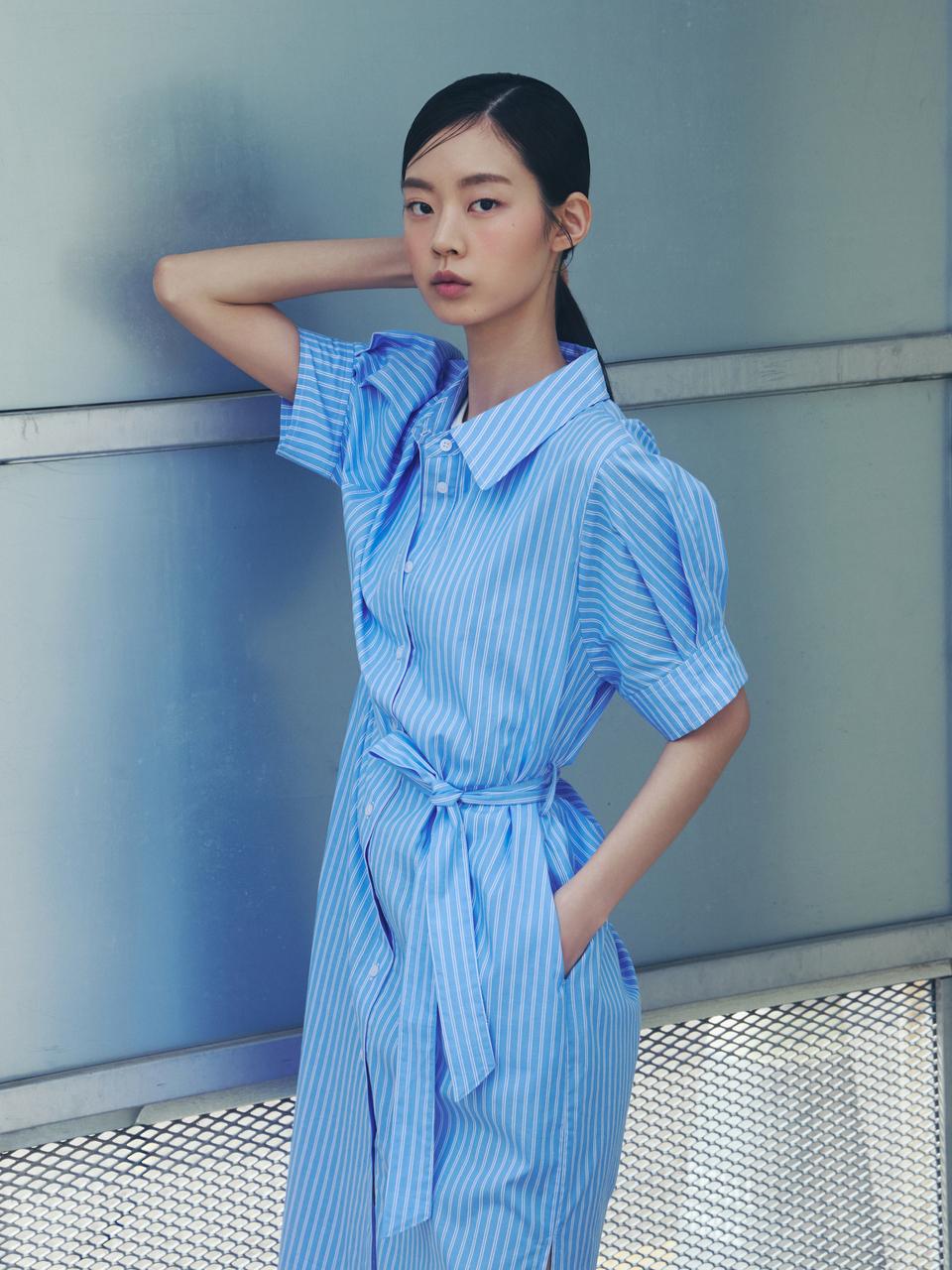 LAP Long Puff Sleeves Belt Slit Dress (AR2WO464)