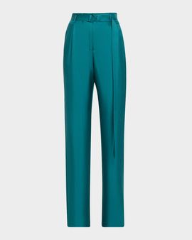 LAPOINTE Belted Silk Pleated Straight-Leg Trousers