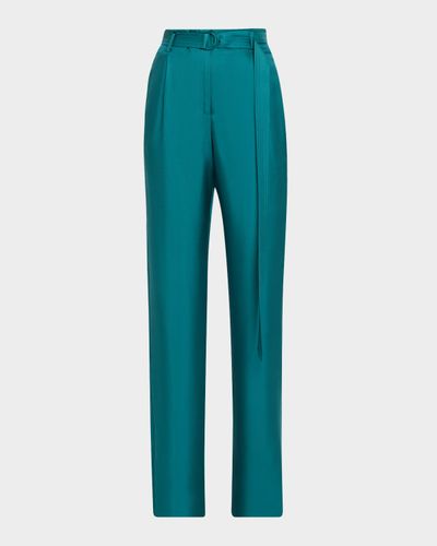 LAPOINTE Belted Silk Pleated Straight-Leg Trousers