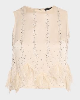 LAPOINTE Crystal & Feather Embellished Satin Cropped Tank Top