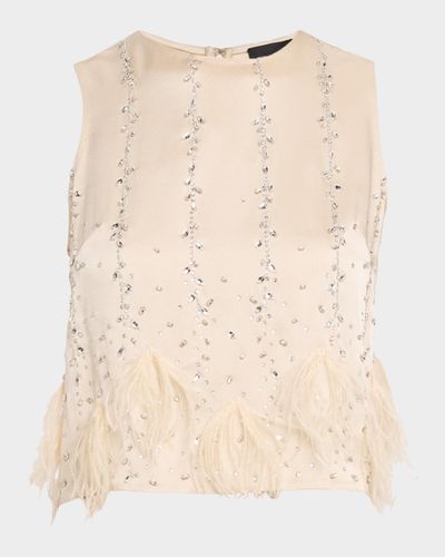 LAPOINTE Crystal & Feather Embellished Satin Cropped Tank Top