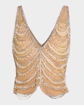 LAPOINTE Draped Crystal Embellished Tulle Sleeveless Top
