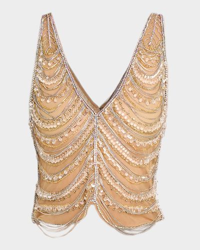 LAPOINTE Draped Crystal Embellished Tulle Sleeveless Top