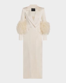 LAPOINTE Feather-Trim Satin Double Breasted Long Coat