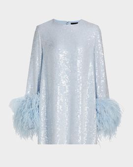 LAPOINTE Feather Cuff Long-Sleeve Sequined Mini Shift Dress
