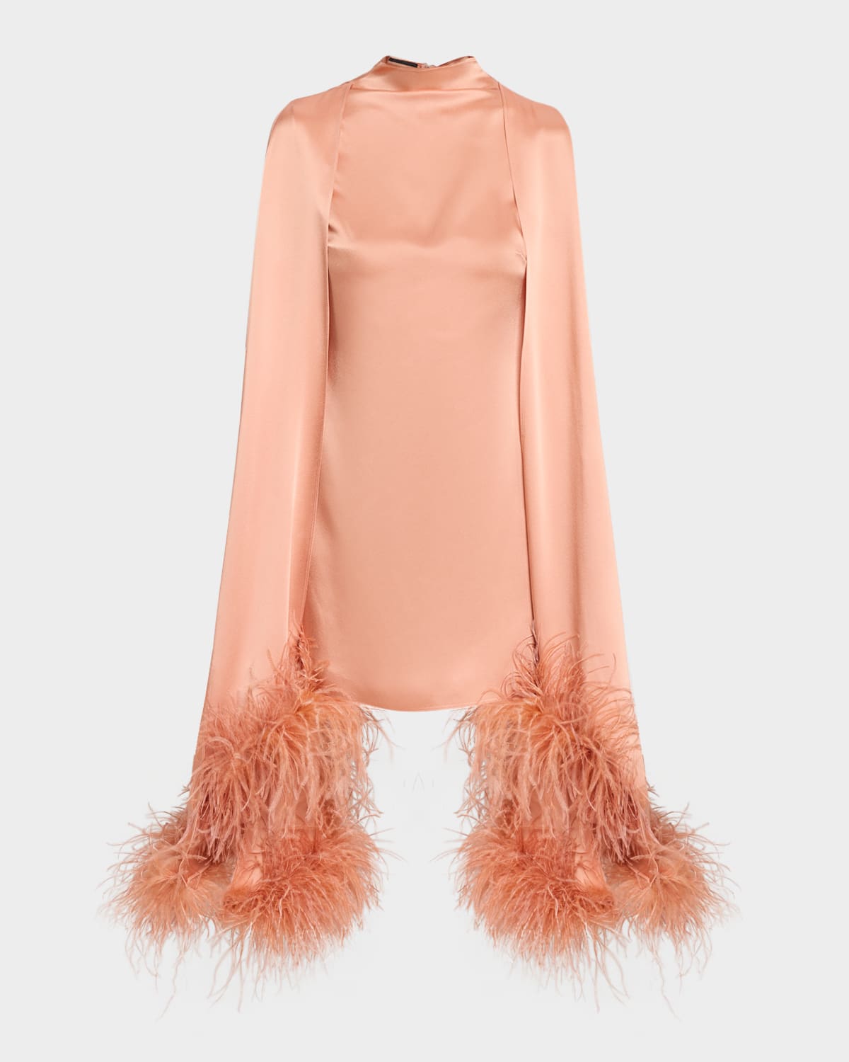 LAPOINTE Feather Trim Satin Cape Sleeve Mini Dress