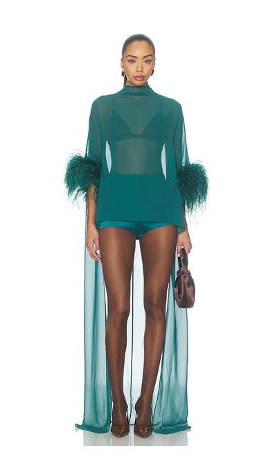 LaPointe LaPointe Lightweight Georgette High Low Mock Neck Top With Feathers