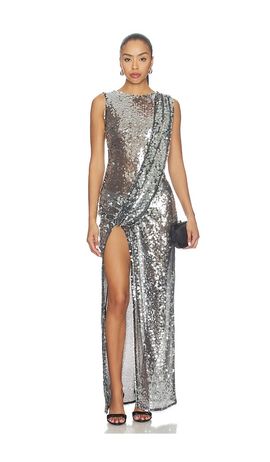 LaPointe LaPointe Mesh Sequin Sleeveless Gown With Sash