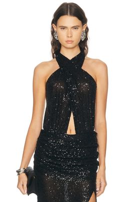 LaPointe LaPointe Mini Stretch Sequin Halter Cutout Bodysuit