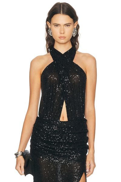 LaPointe LaPointe Mini Stretch Sequin Halter Cutout Bodysuit