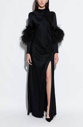 LAPOINTE LAPOINTE Satin Tab Gown With Feathers