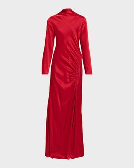 LAPOINTE Long-Sleeve Double-Face Satin Ruched Tab Gown