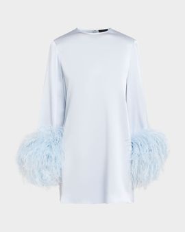 LAPOINTE Long-Sleeve Feather-Trim Satin Mini Shift Dress