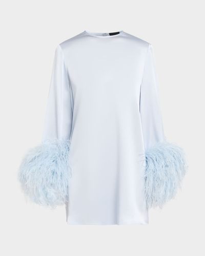 Lapointe Long-Sleeve Feather-Trim Satin Mini Shift Dress