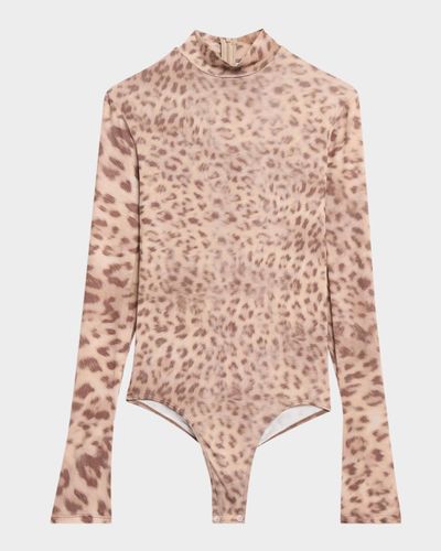 LAPOINTE Printed Mesh Jersey Mock Neck Bodysuit