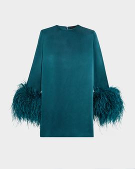 LAPOINTE Satin Feather-Cuff Shift Dress