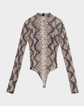 LAPOINTE Snakeskin-Print Mesh Mock-Neck Bodysuit
