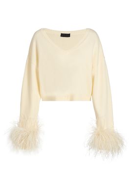 LaPointe Women's Feather-Cuff Merino Wool Crop Sweater