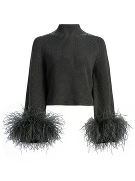 LaPointe Women's Feather-Cuff Mock Turtleneck Wool Sweater
