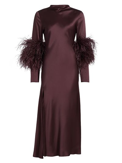 LaPointe Women's Feather-Cuff Satin Midi-Dress