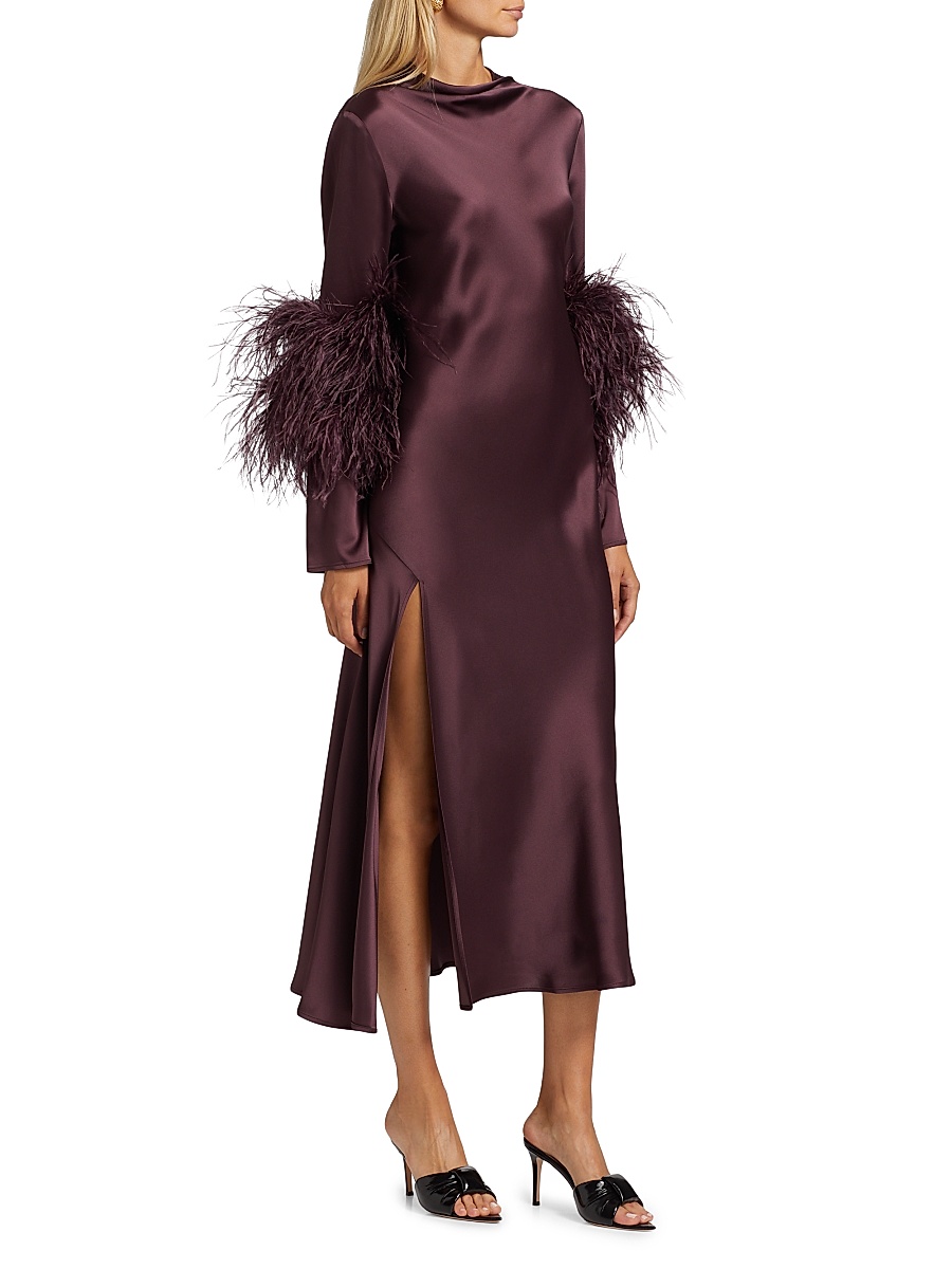 feather cuff midi dress black one shoulder midi dress Petal & Pup Women's Dame Feather Trim Single Long Sleeve Midi Cocktail Dress