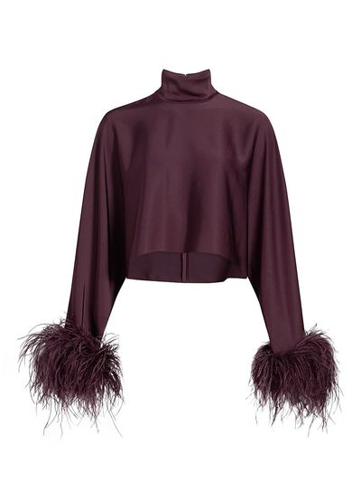 LaPointe Women's Feather Trim Satin Long-Sleeve Crop Top