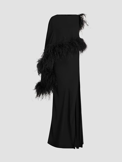 LAPOINTE Women's Georgette Feather-Trimmed Asymmetric Draped Gown