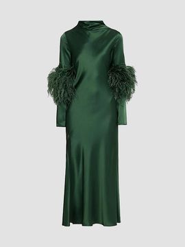LAPOINTE Women's Satin Feather-Trimmed Bias Midi Dress