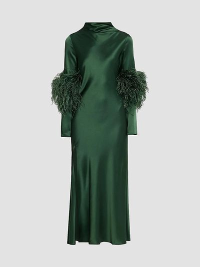 LAPOINTE Women's Satin Feather-Trimmed Bias Midi Dress