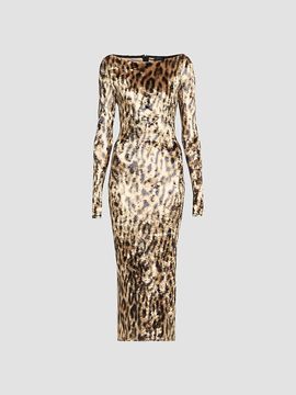 LAPOINTE Women's Velvet Leopard Boatneck Midi Dress