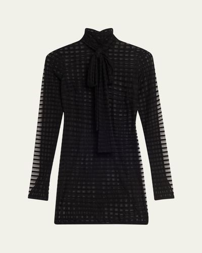LaQuan Smith Bow-Neck Sheer Windowpane Long-Sleeve Mini Dress