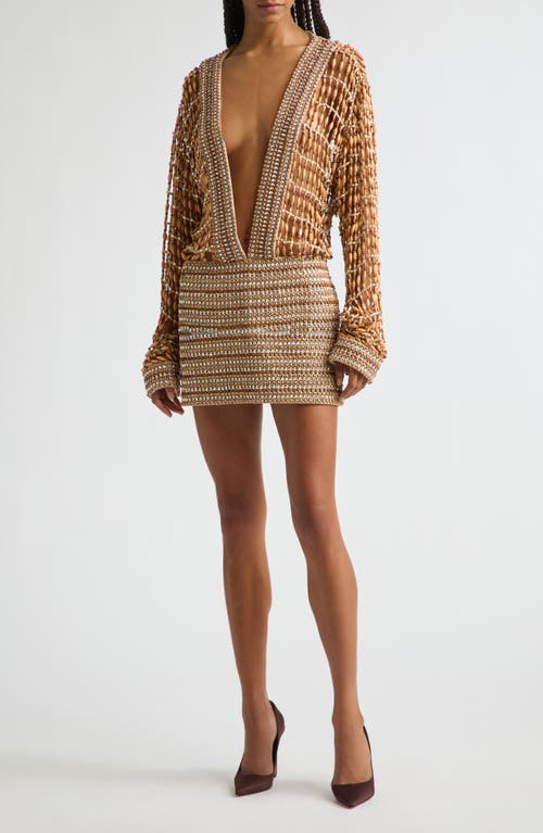LaQuan Smith LaQuan Smith Beaded Long Sleeve Plunge Neck Minidress