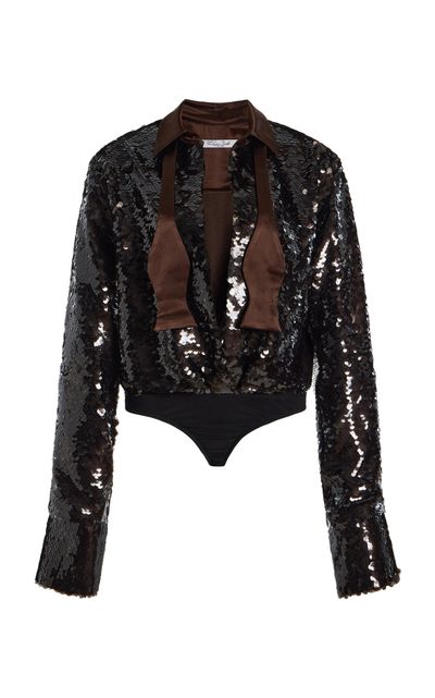 LaQuan Smith BowNeck Sequined Bodysuit