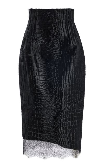 LaQuan Smith LaQuan Smith CrocEmbossed Pony Hair Leather Midi Skirt