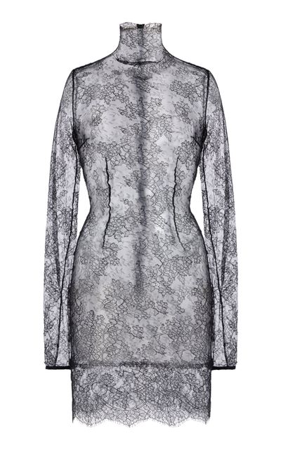 LaQuan Smith MockNeck Chantilly Lace Mini Dress