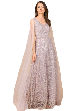 LARA New York LARA New York Beaded Lace Gown with Cape Sleeves