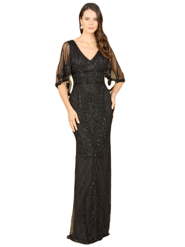 LARA New York LARA New York Cape Sleeve V-Neck Beaded Gown