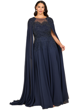 LARA New York LARA New York Chiffon A-line Long Gown with Long Cape Sleeves
