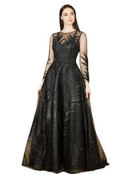 LARA New York LARA New York High Neck Sheer Long Sleeve Embellished Gown