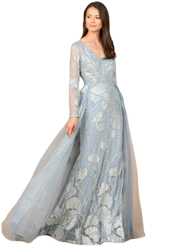 LARA New York LARA New York Long Sleeve Lace Gown with Overskirt