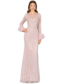 LARA New York LARA New York Long Sleeve Sheath Gown with Feathers