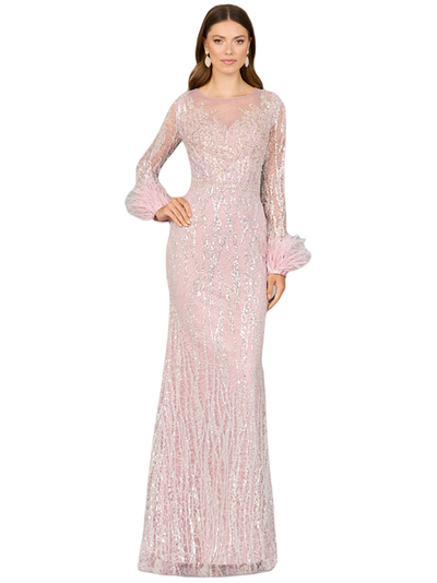 LARA New York LARA New York Long Sleeve Sheath Gown with Feathers