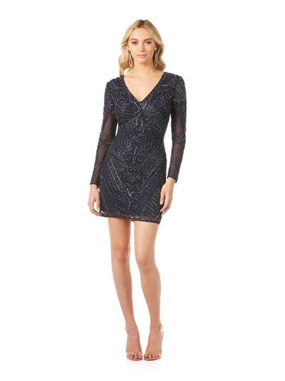 LARA New York LARA New York Long Sleeve V-Neck Beaded Cocktail Dress